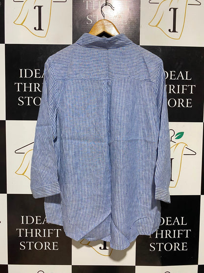 GRAE LINEN |M| BUST 21| B35| BLUE AND WHITE STRIPED BUTTON-DOWN SHIRT WITH ROLL-UP SLEEVES