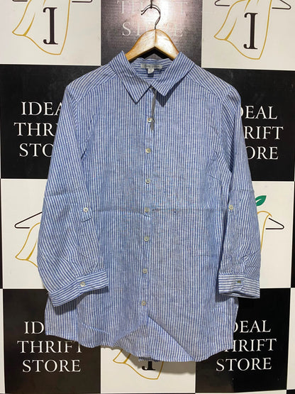 GRAE LINEN |M| BUST 21| B35| BLUE AND WHITE STRIPED BUTTON-DOWN SHIRT WITH ROLL-UP SLEEVES
