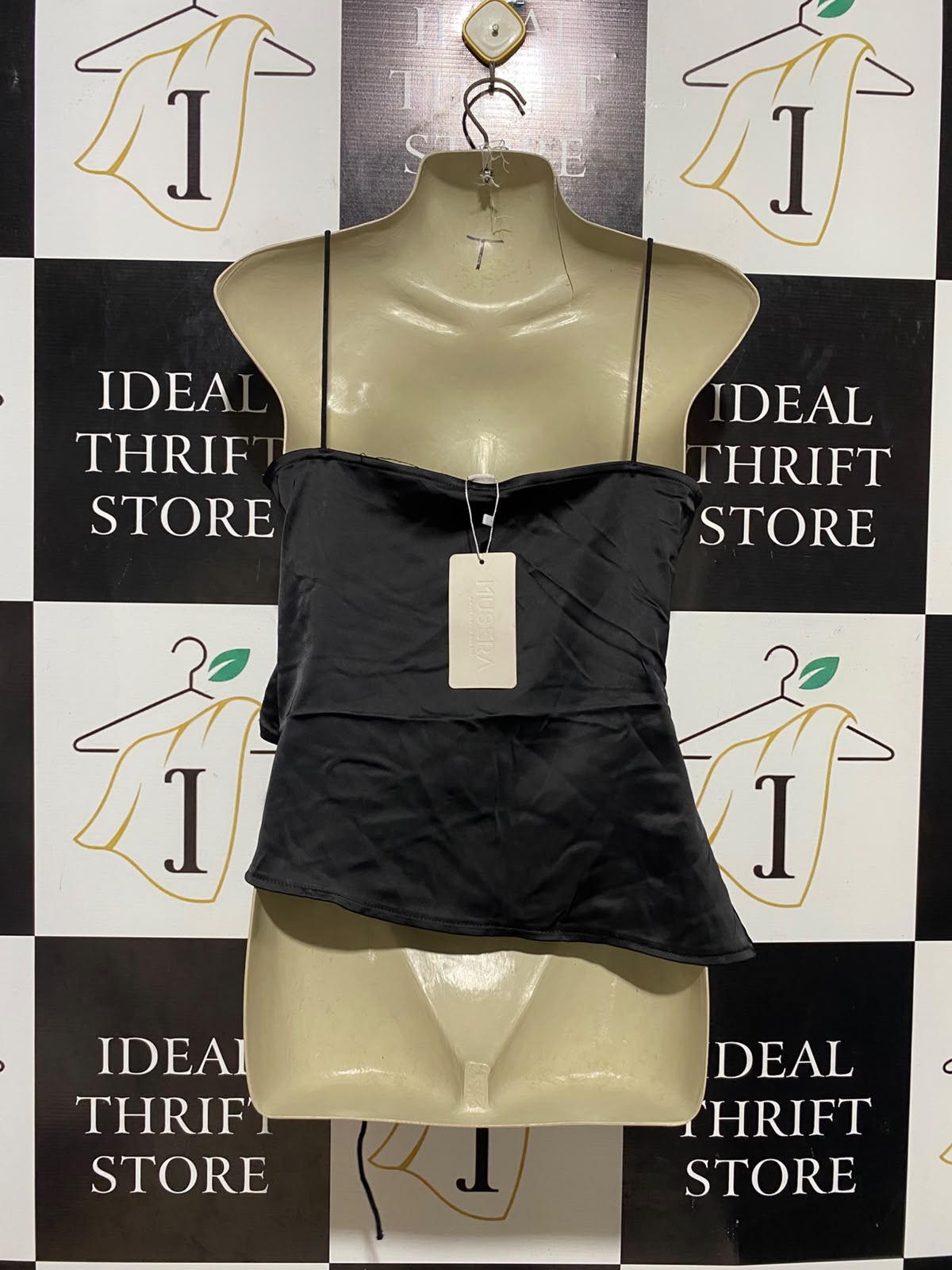 MUSERA |S| BUST 17| B35| BLACK SATIN STRAPPY CAMISOLE TOP WITH FRONT TIE AND ASYMMETRIC CUTOUT DETAILS