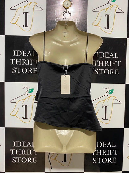 MUSERA |S| BUST 17| B35| BLACK SATIN STRAPPY CAMISOLE TOP WITH FRONT TIE AND ASYMMETRIC CUTOUT DETAILS