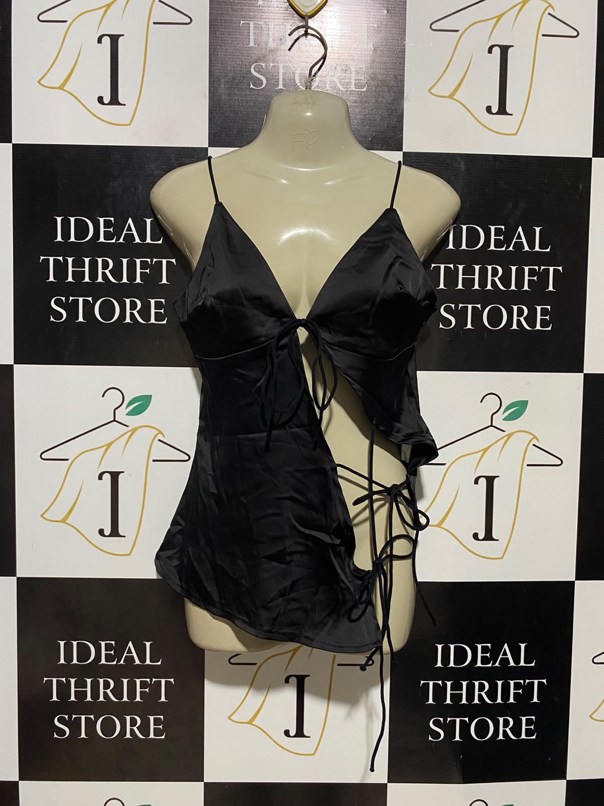 MUSERA |S| BUST 17| B35| BLACK SATIN STRAPPY CAMISOLE TOP WITH FRONT TIE AND ASYMMETRIC CUTOUT DETAILS