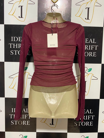 BENNI |S| BUST 16| B35| BURGUNDY MESH LONG SLEEVE TOP WITH HALTER NECK AND FRONT KEYHOLE CUTOUT