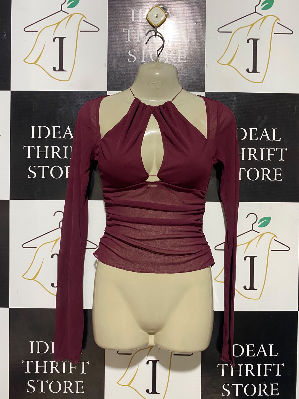 BENNI |S| BUST 16| B35| BURGUNDY MESH LONG SLEEVE TOP WITH HALTER NECK AND FRONT KEYHOLE CUTOUT