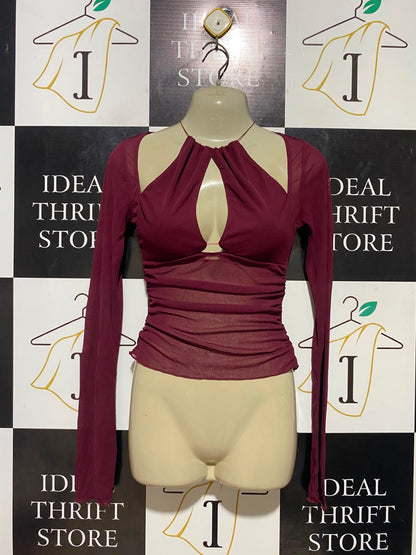 BENNI |S| BUST 16| B35| BURGUNDY MESH LONG SLEEVE TOP WITH HALTER NECK AND FRONT KEYHOLE CUTOUT