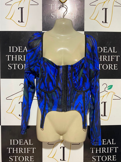 YOU ALL |L| BUST 20| B35| BLUE AND BLACK ABSTRACT PRINT LONG SLEEVE CORSET TOP WITH SUSPENDER TABS