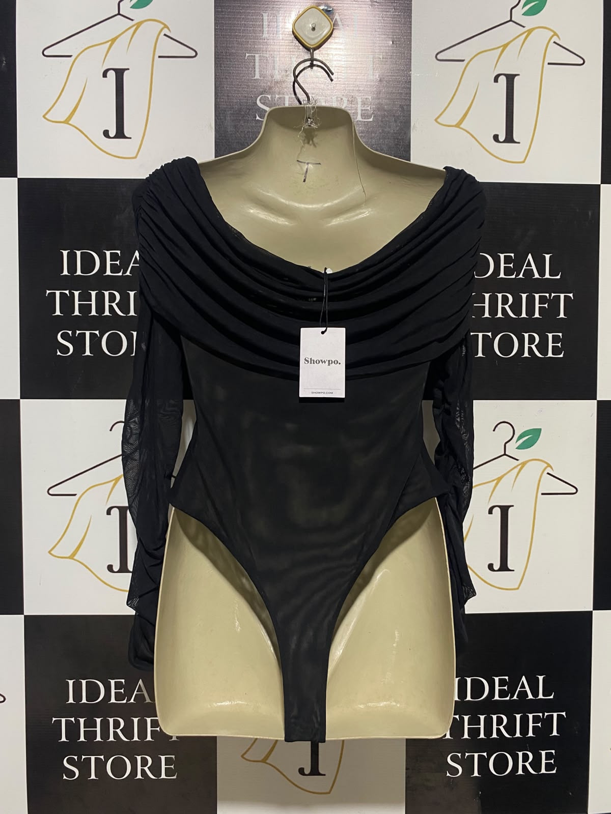 SHOWPO |S| BUST 16| B35| BLACK MESH COWL NECK LONG SLEEVE BODYSUIT WITH RUCHED DETAILS