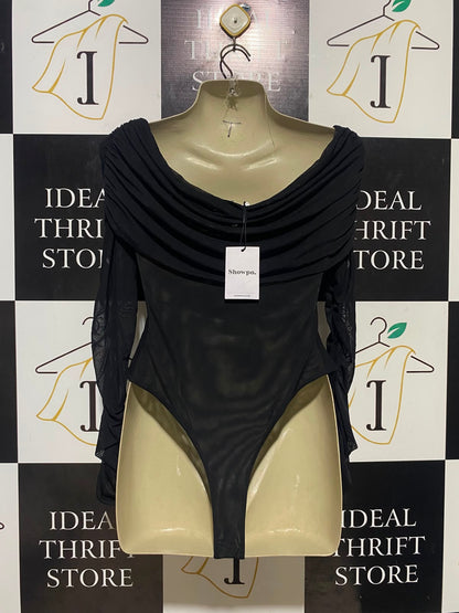 SHOWPO |S| BUST 16| B35| BLACK MESH COWL NECK LONG SLEEVE BODYSUIT WITH RUCHED DETAILS