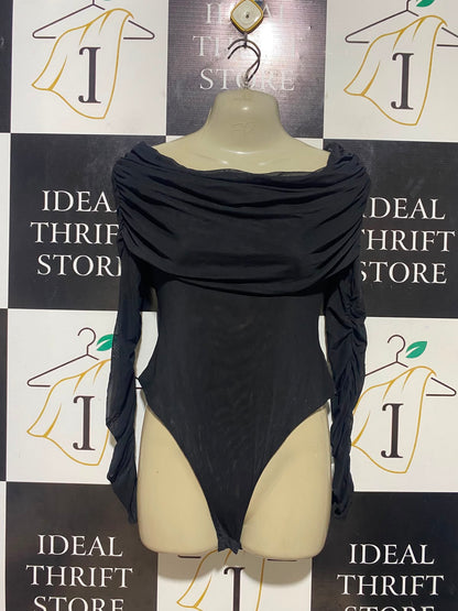 SHOWPO |S| BUST 16| B35| BLACK MESH COWL NECK LONG SLEEVE BODYSUIT WITH RUCHED DETAILS
