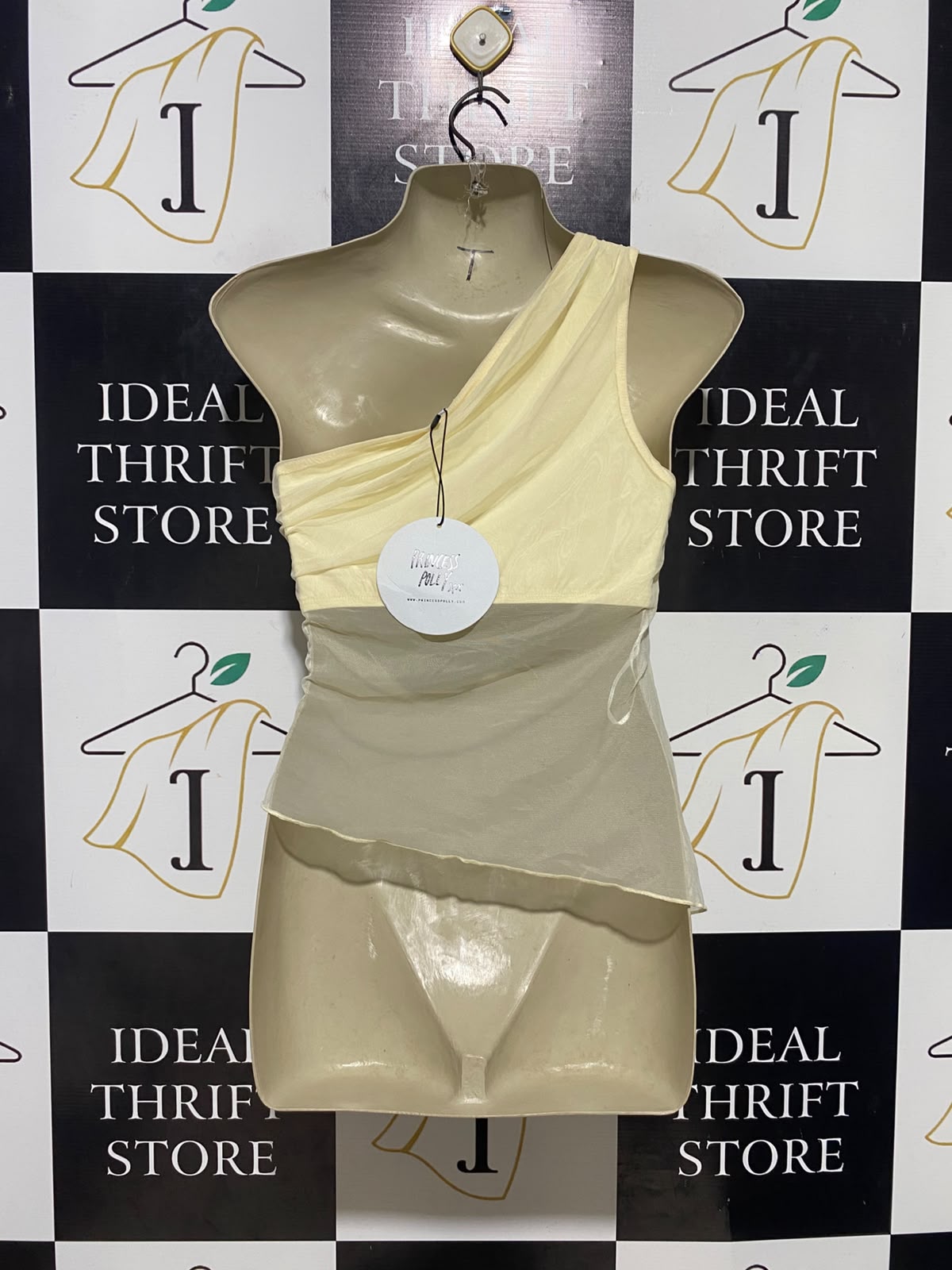 PRINCESS POLLY |S| BUST 16| B35| YELLOW MESH ONE-SHOULDER TOP WITH ASYMMETRIC DRAPED OVERLAY