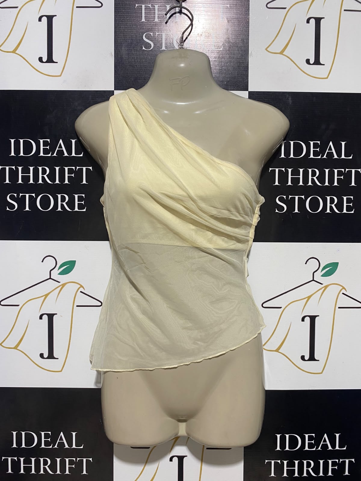 PRINCESS POLLY |S| BUST 16| B35| YELLOW MESH ONE-SHOULDER TOP WITH ASYMMETRIC DRAPED OVERLAY