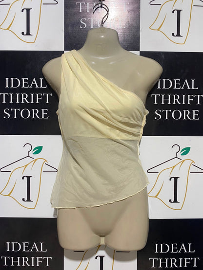 PRINCESS POLLY |S| BUST 16| B35| YELLOW MESH ONE-SHOULDER TOP WITH ASYMMETRIC DRAPED OVERLAY