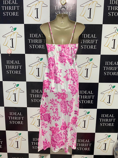 RUMOR |S| BUST 17| B35| WHITE AND PINK FLORAL SATIN COWL NECK MAXI DRESS WITH WAIST CUTOUT