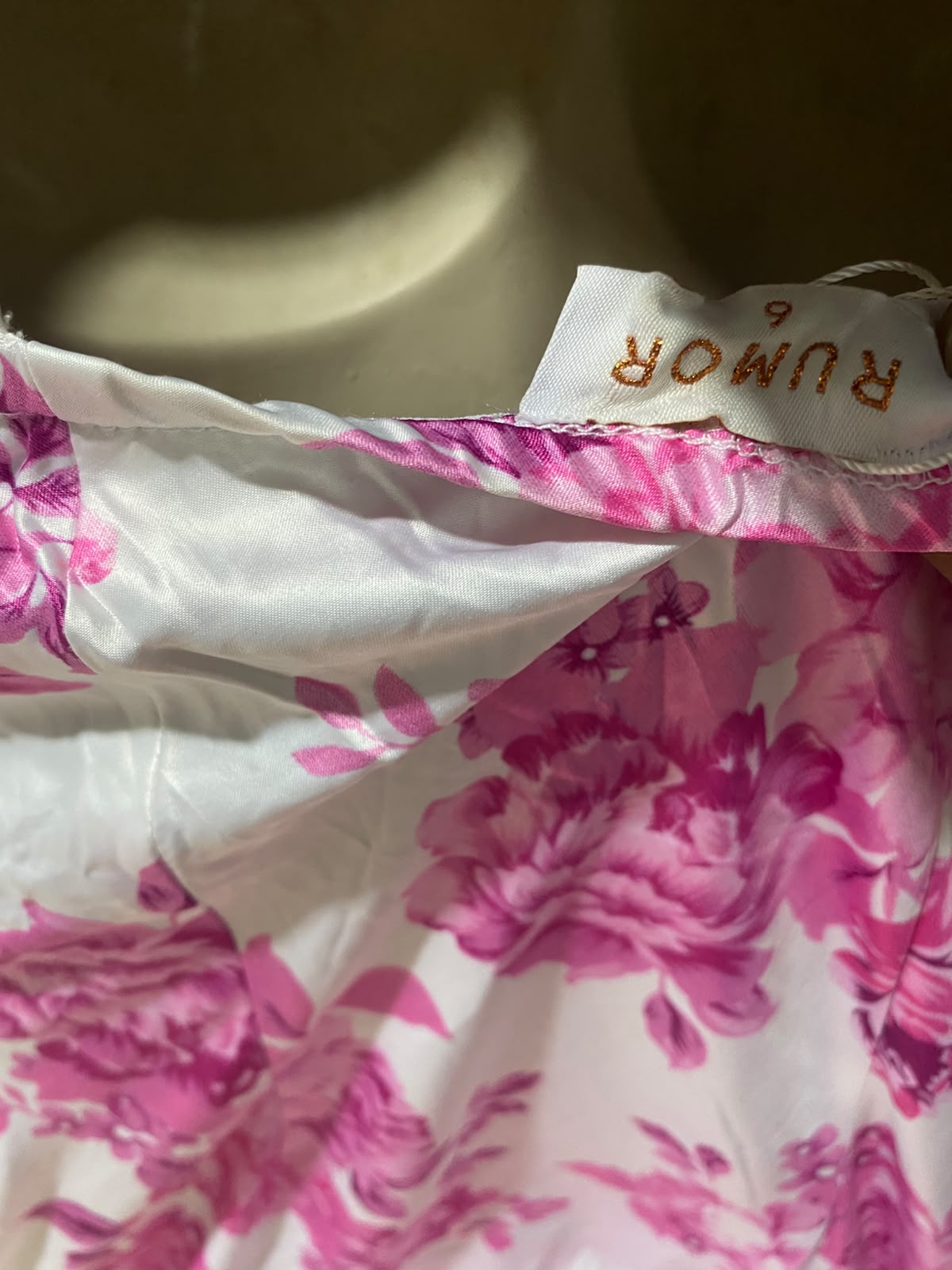 RUMOR |S| BUST 17| B35| WHITE AND PINK FLORAL SATIN COWL NECK MAXI DRESS WITH WAIST CUTOUT