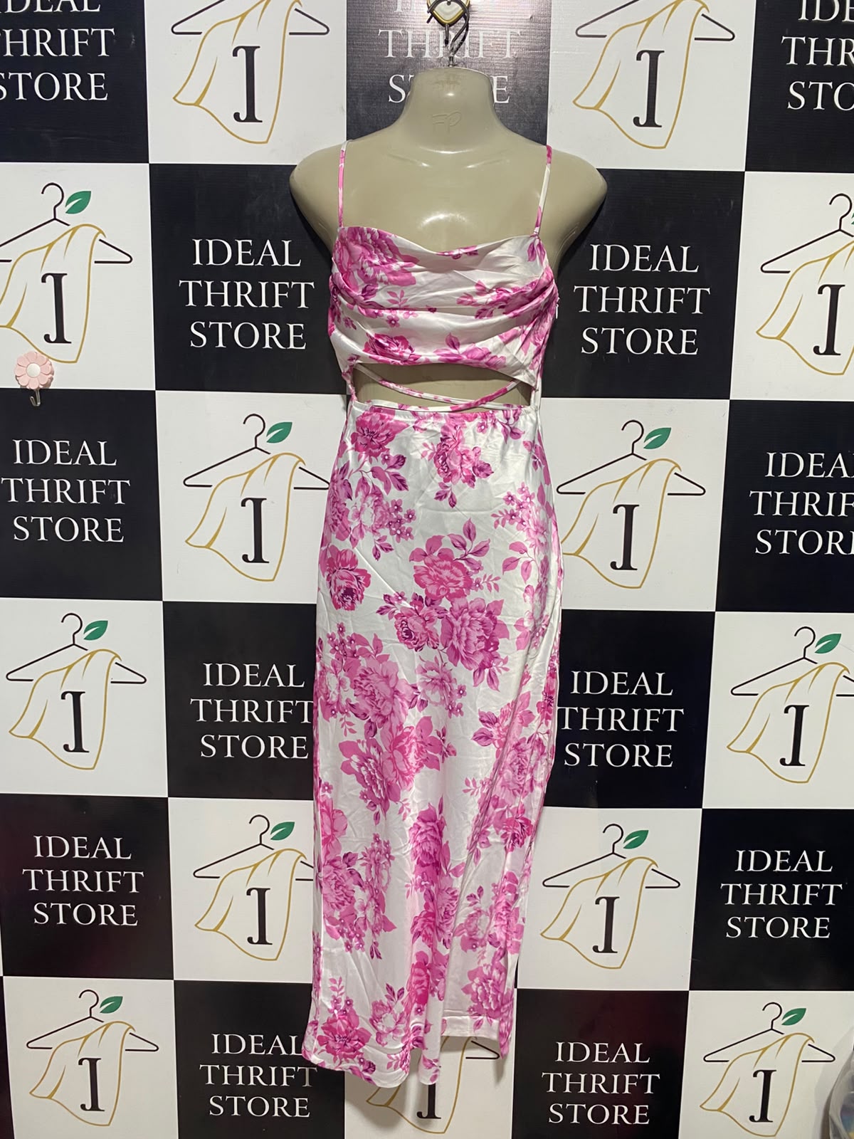RUMOR |S| BUST 17| B35| WHITE AND PINK FLORAL SATIN COWL NECK MAXI DRESS WITH WAIST CUTOUT