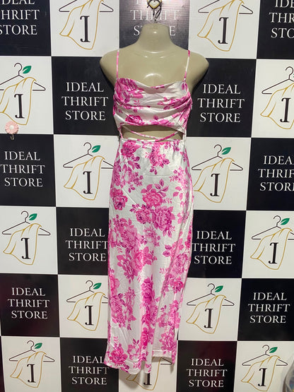 RUMOR |S| BUST 17| B35| WHITE AND PINK FLORAL SATIN COWL NECK MAXI DRESS WITH WAIST CUTOUT