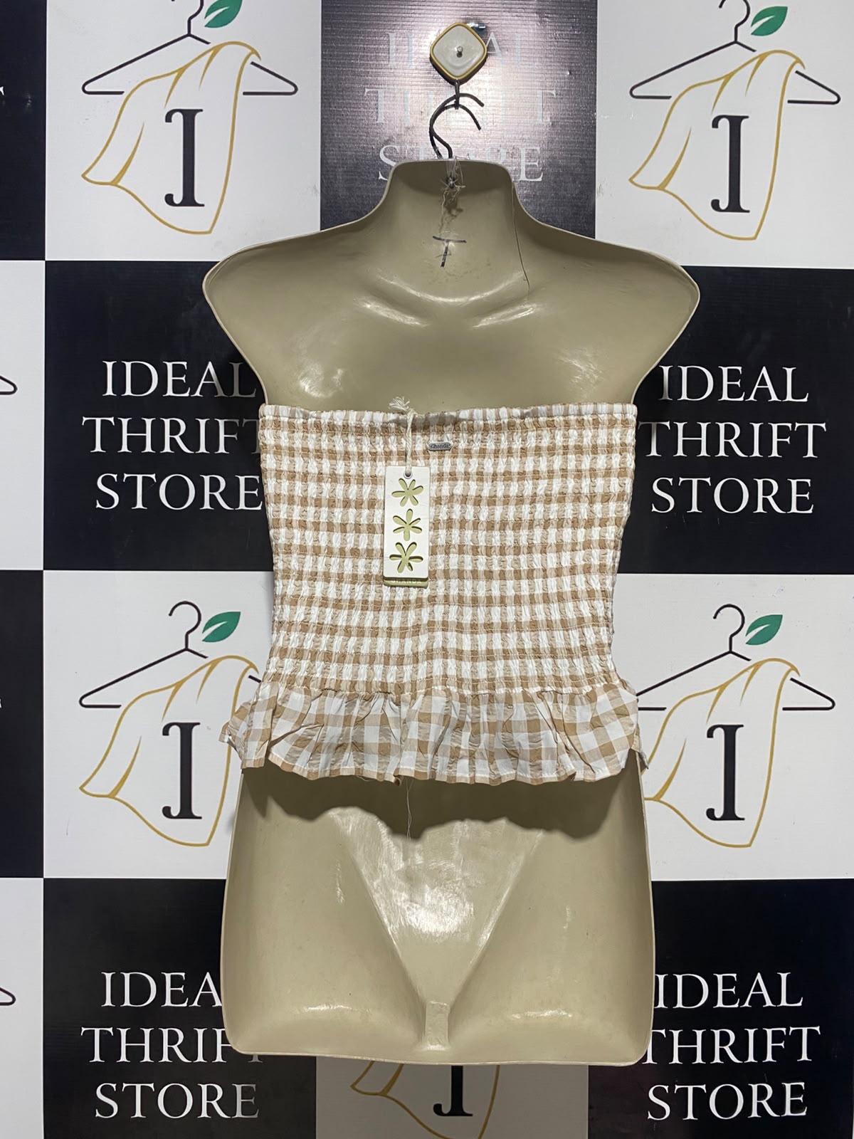 GHANDA |S| BUST 14| B35| BEIGE AND WHITE GINGHAM SMOCKED TUBE TOP WITH TWIST BUST AND RUFFLE HEM