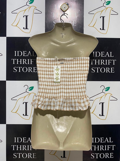 GHANDA |S| BUST 14| B35| BEIGE AND WHITE GINGHAM SMOCKED TUBE TOP WITH TWIST BUST AND RUFFLE HEM