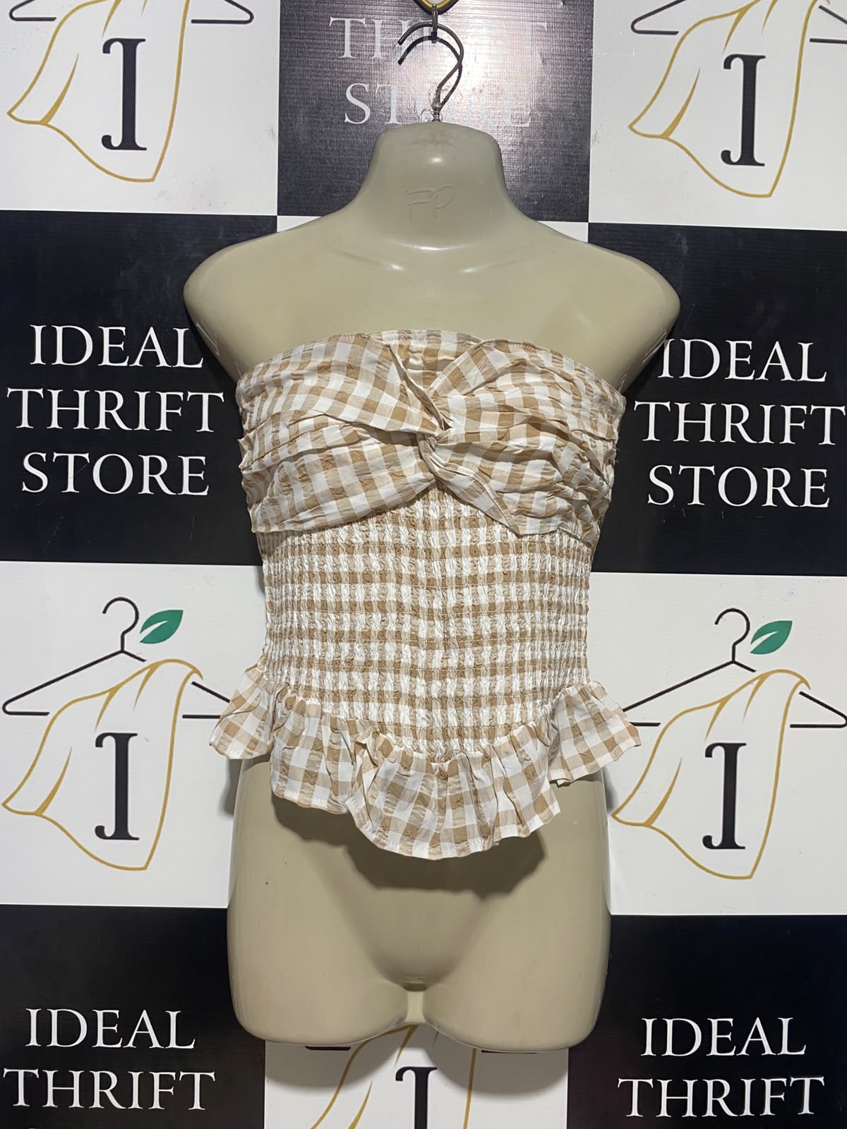 GHANDA |S| BUST 14| B35| BEIGE AND WHITE GINGHAM SMOCKED TUBE TOP WITH TWIST BUST AND RUFFLE HEM