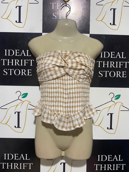 GHANDA |S| BUST 14| B35| BEIGE AND WHITE GINGHAM SMOCKED TUBE TOP WITH TWIST BUST AND RUFFLE HEM