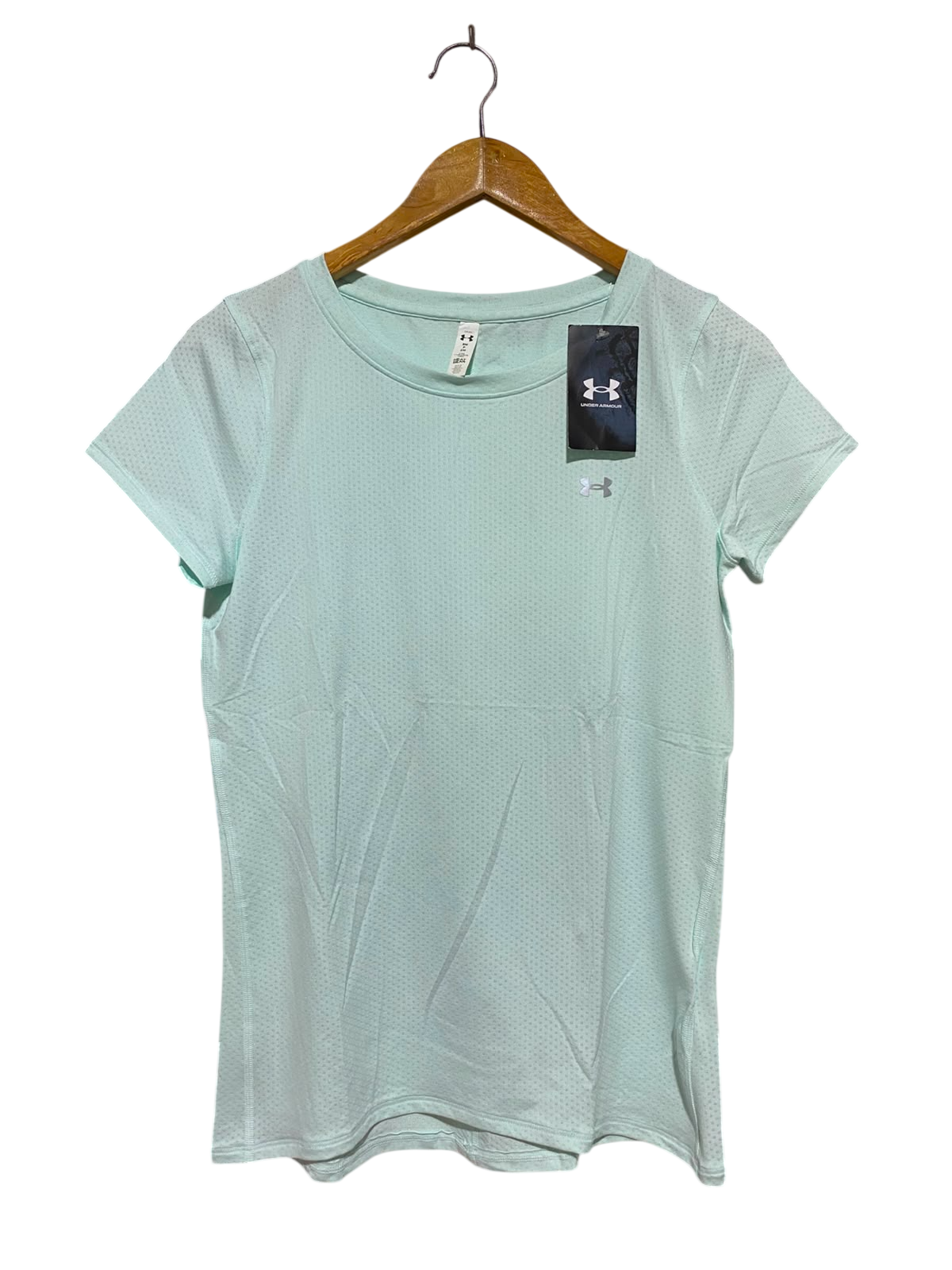 UNDER ARMOUR |M| BUST 17| B36| WOMEN'S LIGHT GREY HOLOGRAPHIC GRAPHIC STRIPE ATHLETIC T-SHIRT -