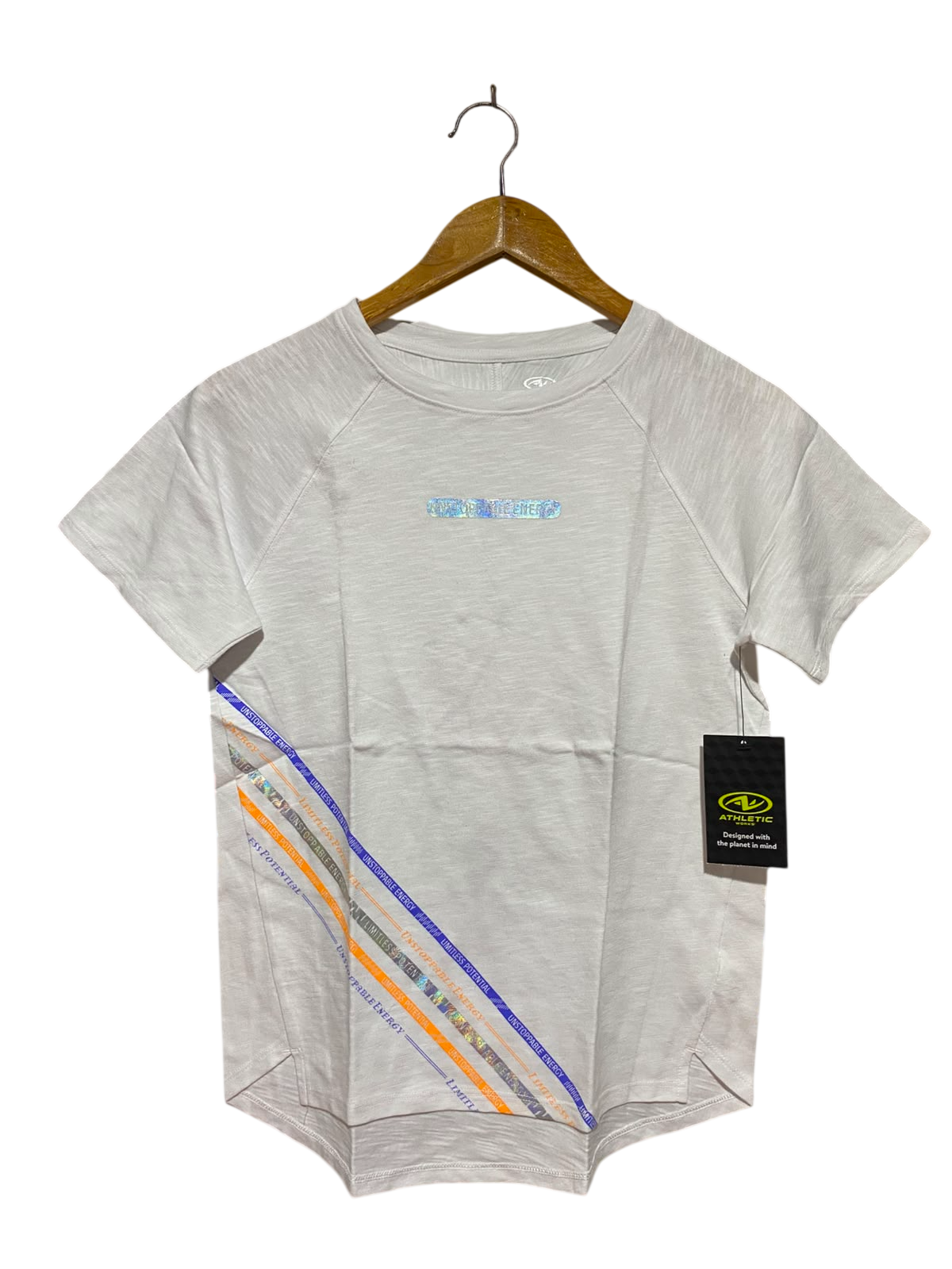ATHLETIC |S| BUST 16| B36| WOMEN'S LIGHT GREY HOLOGRAPHIC GRAPHIC STRIPE ATHLETIC T-SHIRT