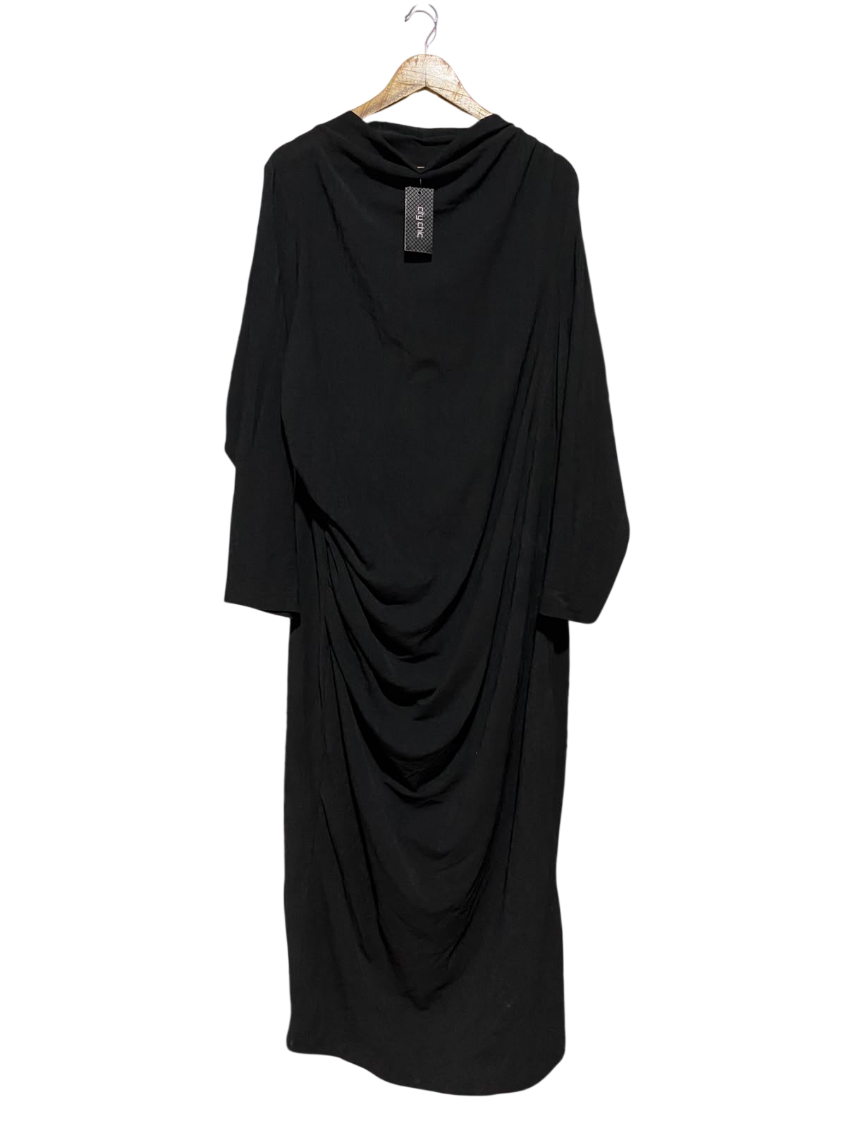 CITY CHIC |XL| BUST 22| B36| BLACK DRAPED LONG-SLEEVE MIDAXI DRESS
