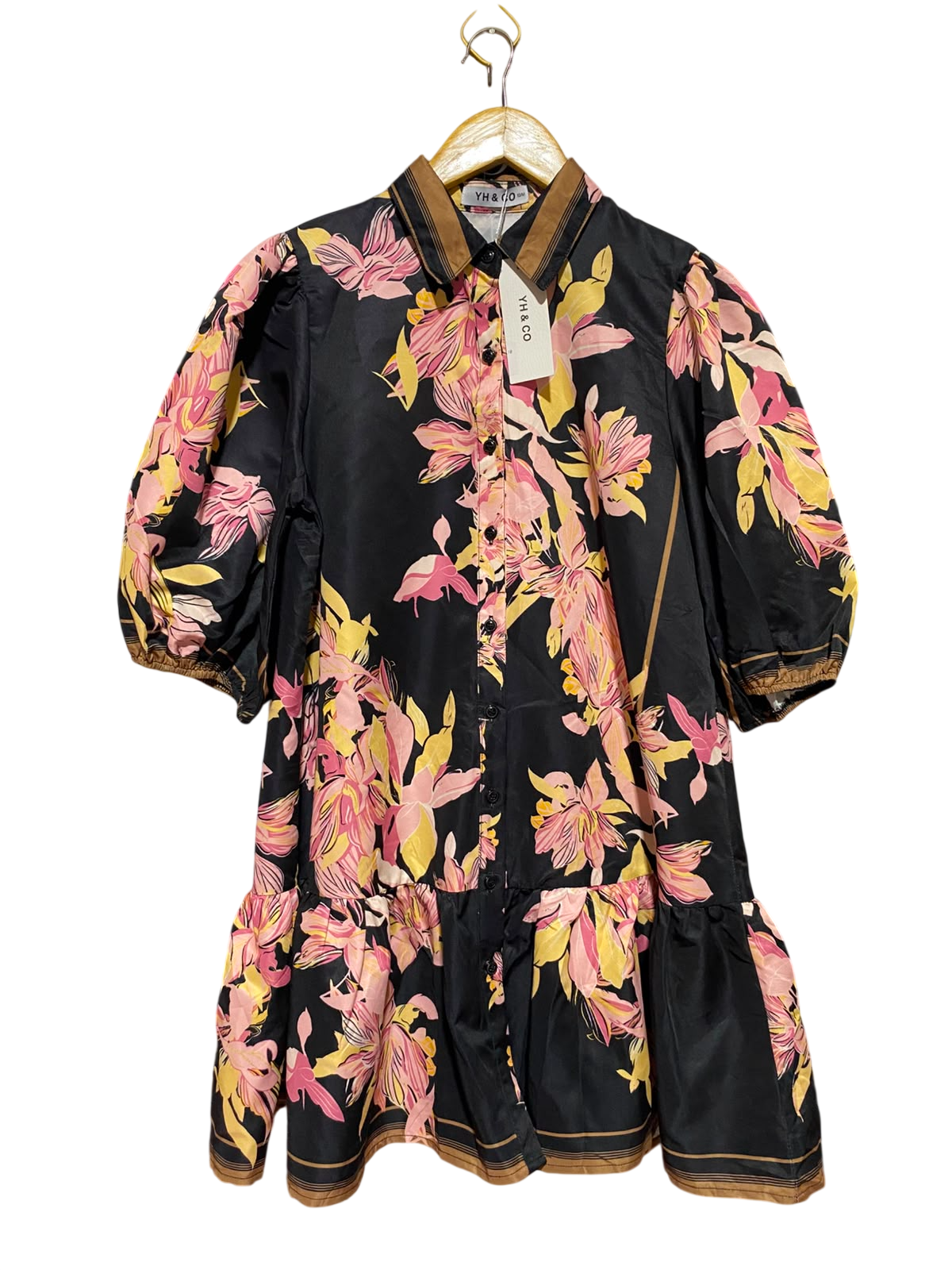 YH & CO |L| BUST 19| B36| BLACK FLORAL BUTTON-DOWN MINI DRESS WITH PUFF SLEEVES