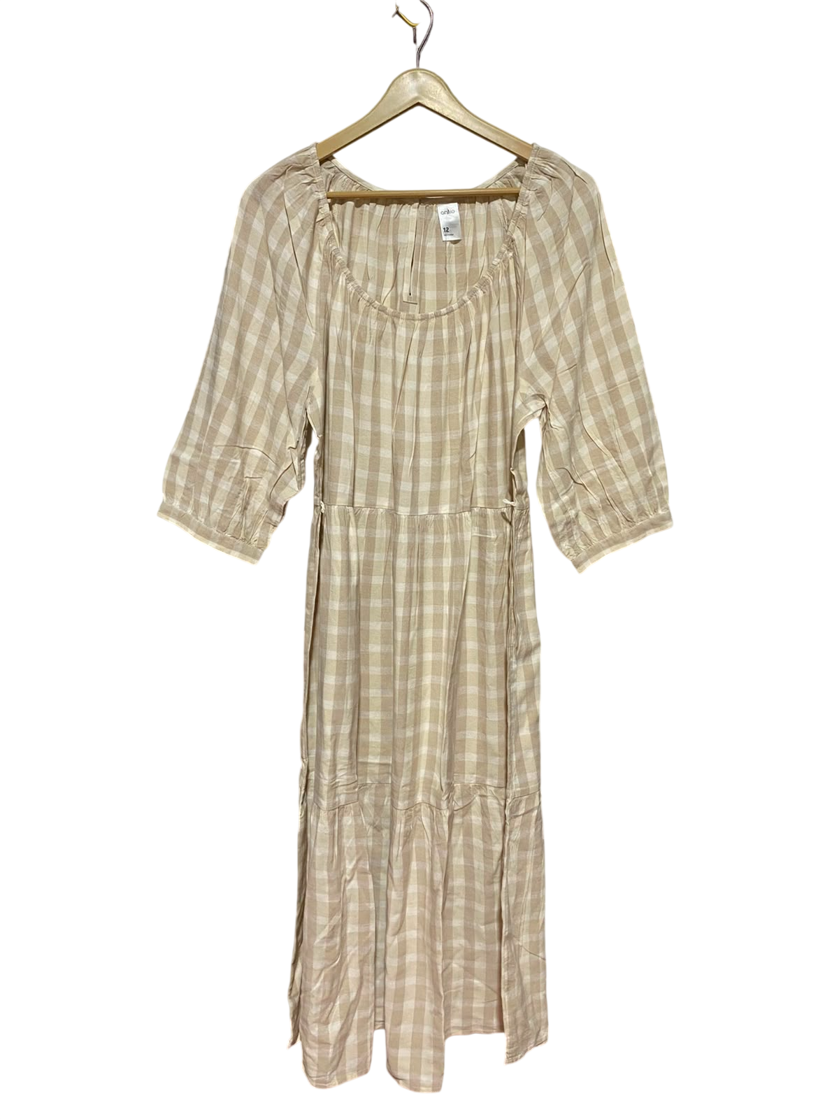ANKO |L| BUST 20| B36| LADIES BEIGE GINGHAM CHECKERED MIDAXI DRESS