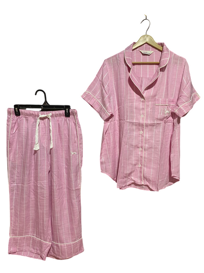 PETERRALE XANDER |L| B36| LADIES PINK STRIPED NIGHTWEAR 2-PIECE PAJAMA SET (SHORT-SLEEVE SHIRT & TROUSERS)