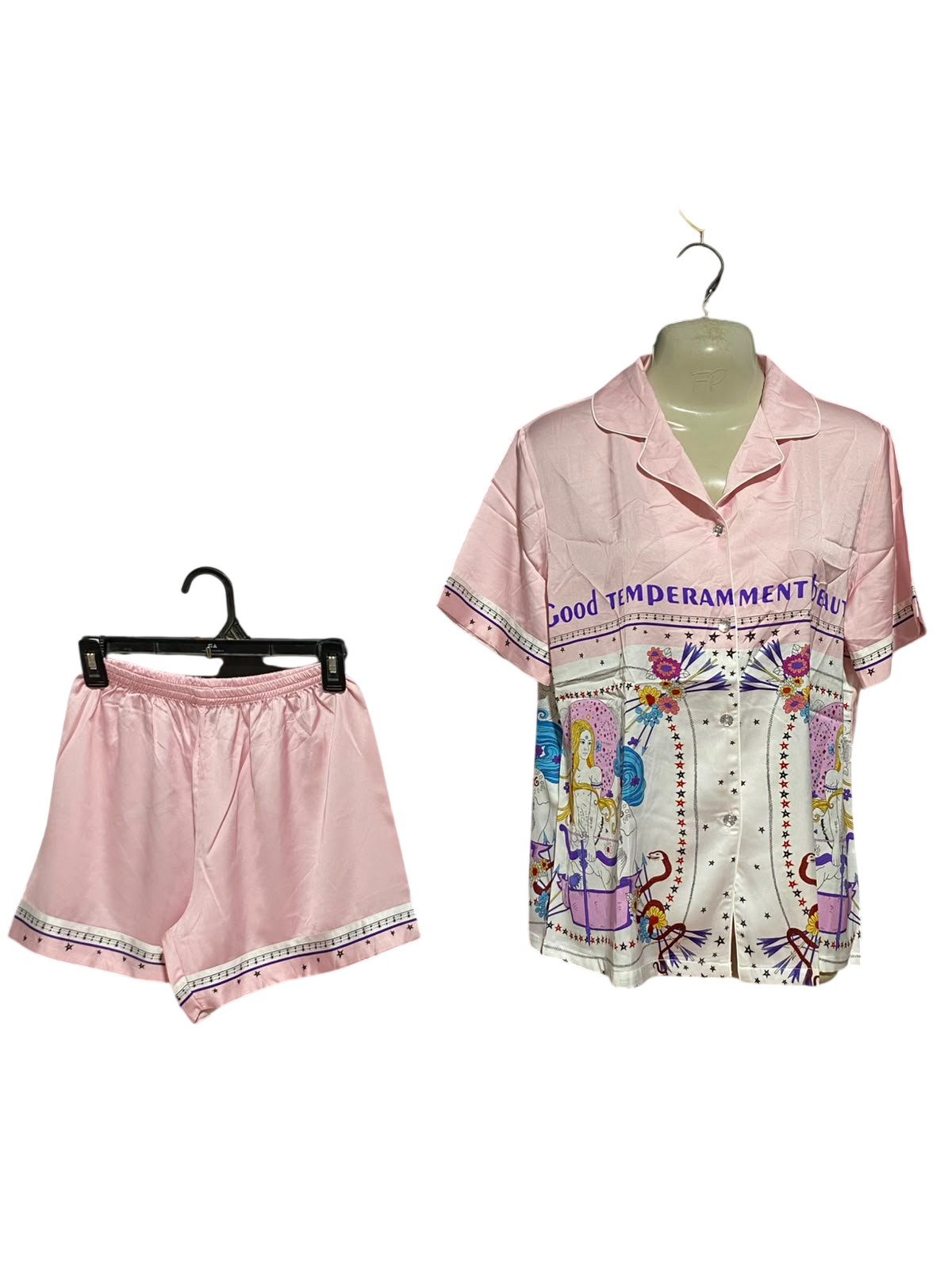 PHUONG THAO |M| B36| LADIES PINK SATIN NIGHTWEAR 2-PIECE PJS SET (SHORT-SLEEVE SHIRT & SHORTS)