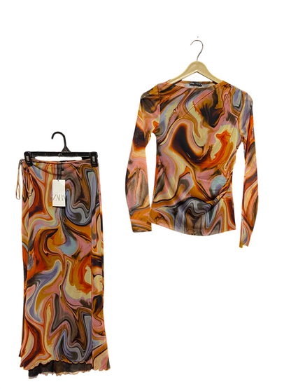 ZARA |M| B36| LADIES ABSTRACT MARBLE PRINT 2-PIECE MESH CO-ORD SET (LONG-SLEEVE TOP & MAXI SKIRT)