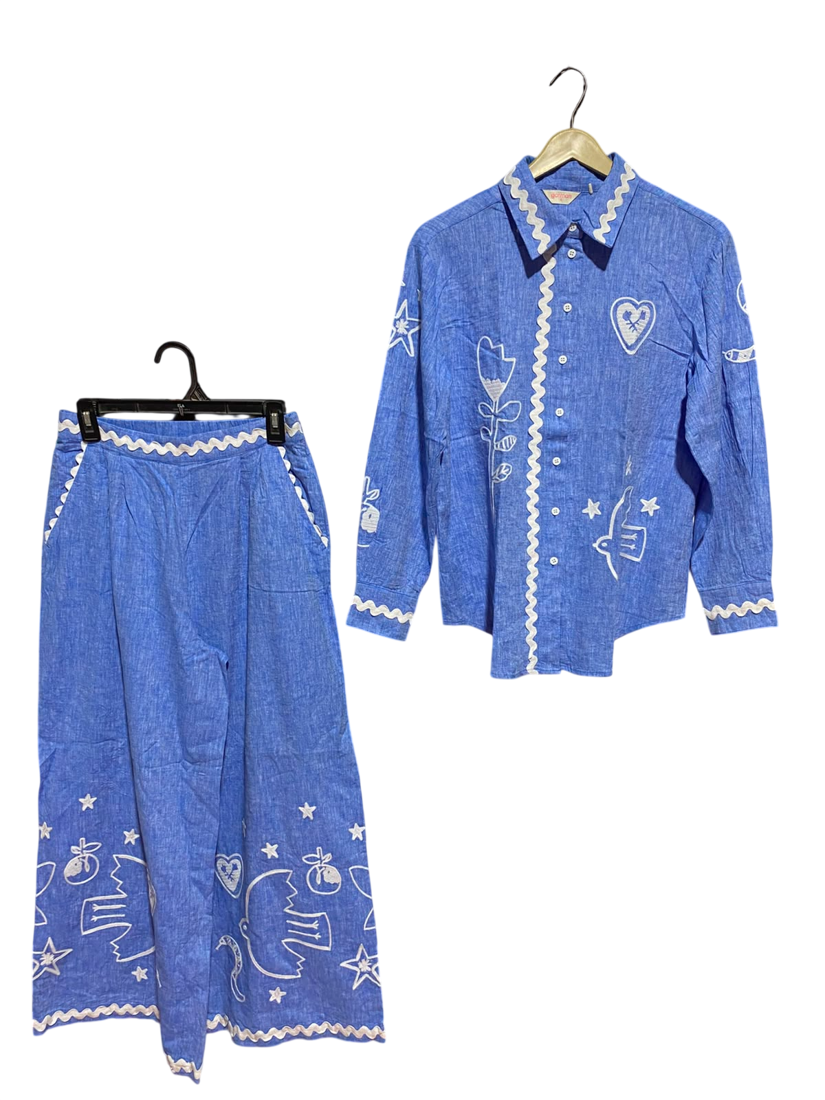 GORMAN |S| B36| LADIES BLUE EMBROIDERED 2-PIECE CO-ORD SET (BUTTON-DOWN SHIRT & WIDE-LEG PANTS)