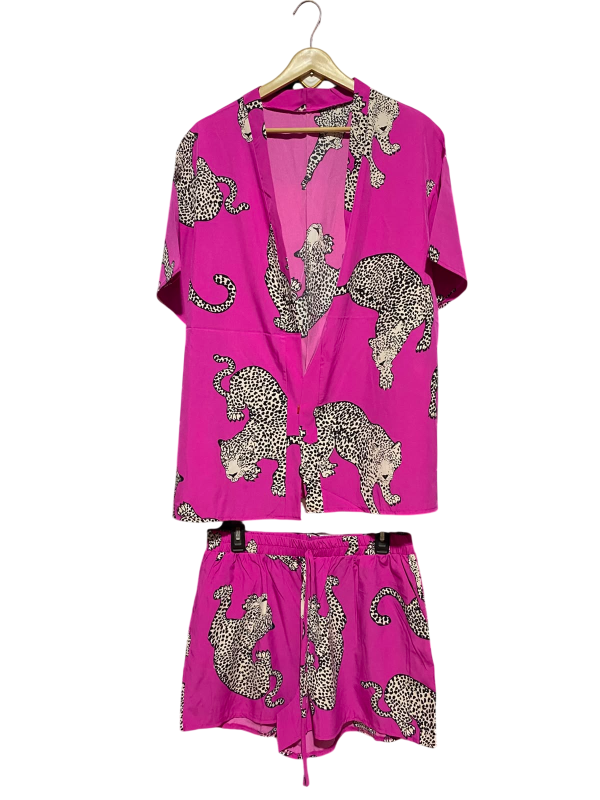 SHEIN CURVE |XL| B36| LADIES MAGENTA LEOPARD PRINT 2-PIECE CO-ORD SET (SHIRT & SHORTS)