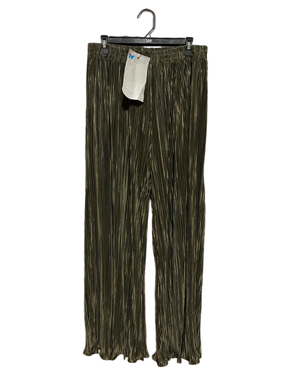 |L| WAIST 31| B36| HIGH-WAISTED SHIMMERING METALLIC OLIVE GREEN PLEATED WIDE-LEG PANTS