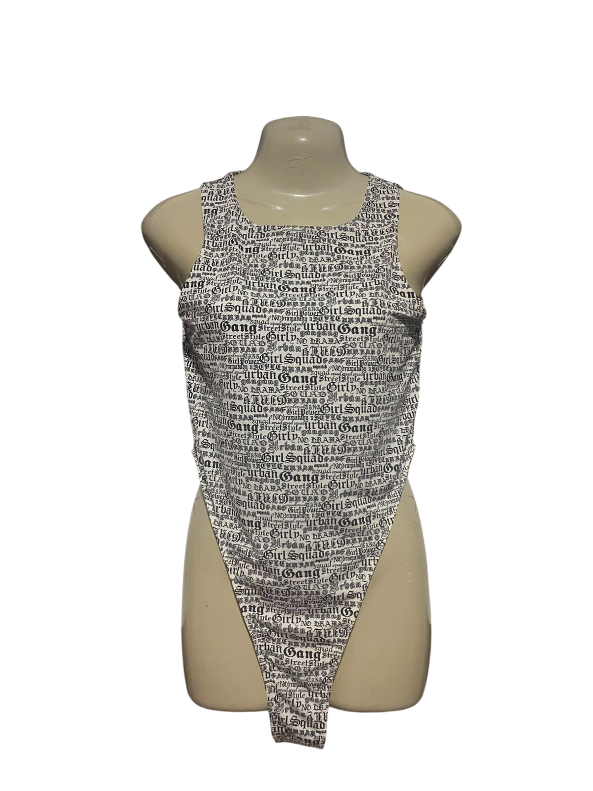 SYBILLA |M| BUST 16| B36| ALL-OVER TEXT PRINT HIGH-CUT SLEEVELESS BODYSUIT