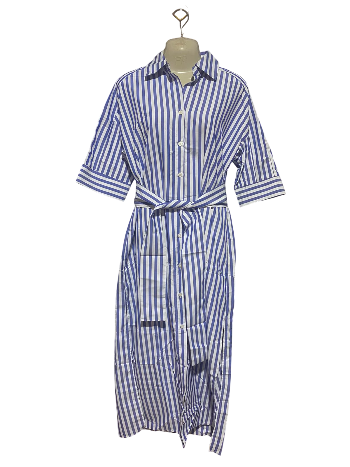|M| BUST 22| B36| BLUE AND WHITE STRIPED BUTTON-DOWN SHIRT DRESS WITH BELT