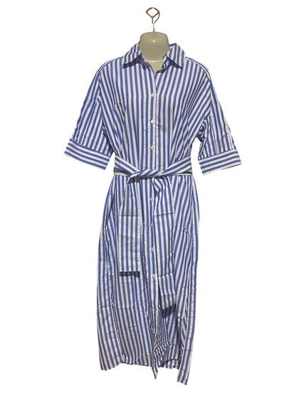 |M| BUST 22| B36| BLUE AND WHITE STRIPED BUTTON-DOWN SHIRT DRESS WITH BELT