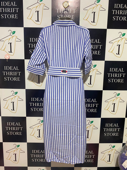 |M| BUST 22| B36| BLUE AND WHITE STRIPED BUTTON-DOWN SHIRT DRESS WITH BELT