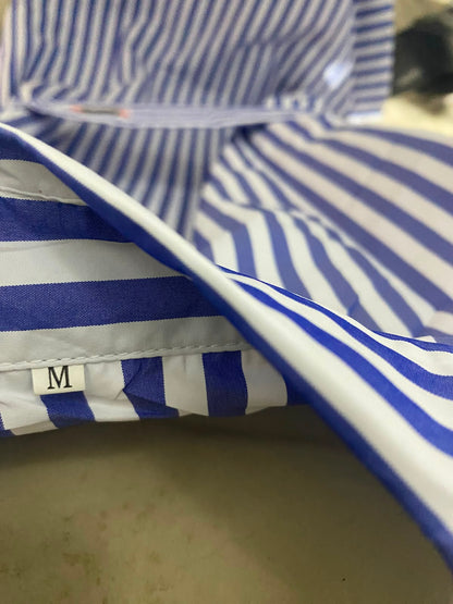 |M| BUST 22| B36| BLUE AND WHITE STRIPED BUTTON-DOWN SHIRT DRESS WITH BELT