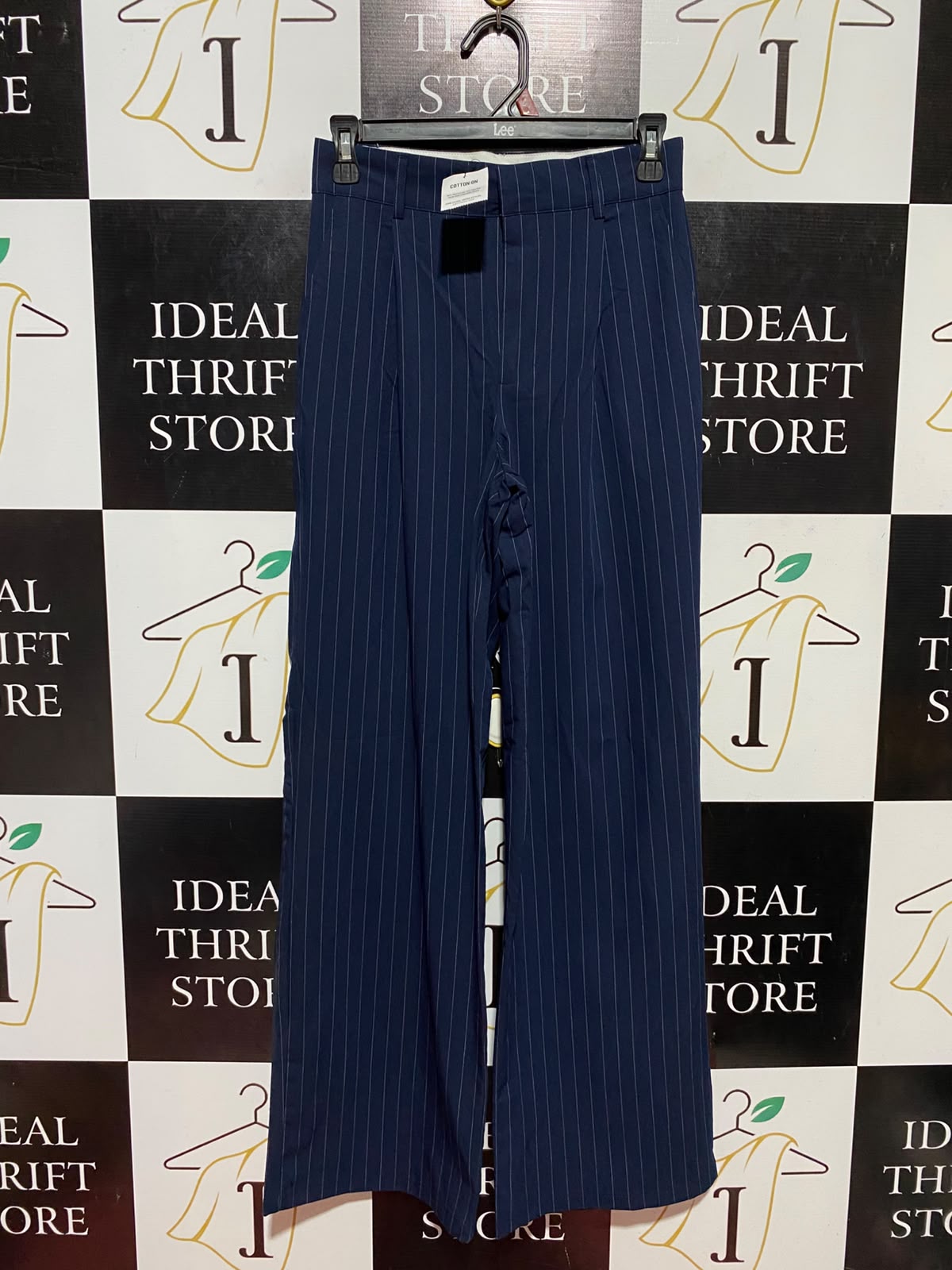 COTTON ON |S| WAIST 26| B36| HIGH-WAISTED NAVY BLUE PINSTRIPE WIDE-LEG TROUSERS