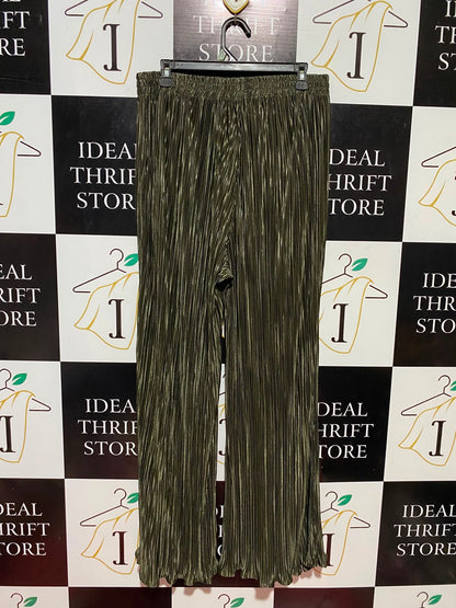 |L| WAIST 31| B36| HIGH-WAISTED SHIMMERING METALLIC OLIVE GREEN PLEATED WIDE-LEG PANTS