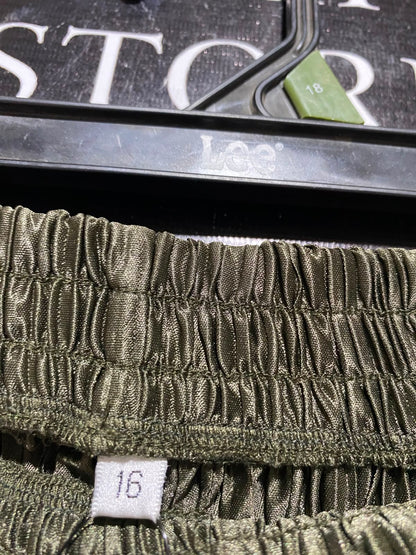 |L| WAIST 31| B36| HIGH-WAISTED SHIMMERING METALLIC OLIVE GREEN PLEATED WIDE-LEG PANTS