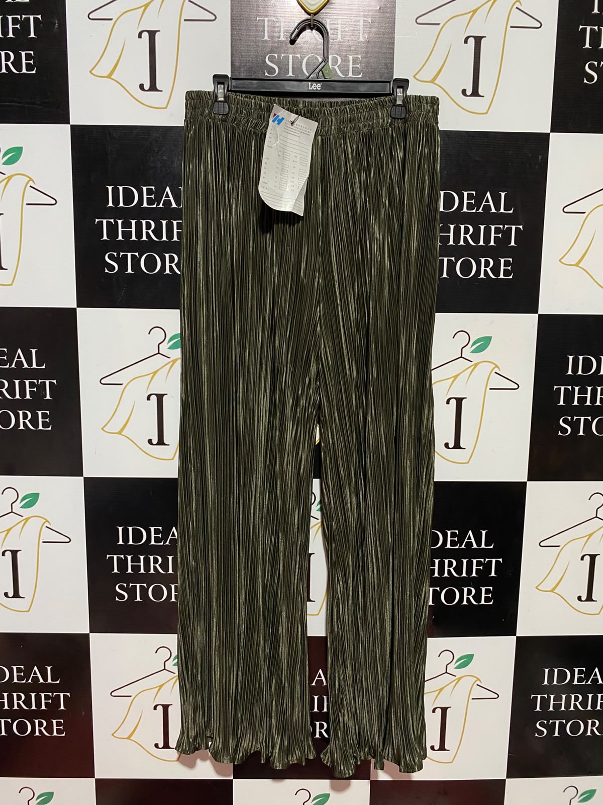 |L| WAIST 31| B36| HIGH-WAISTED SHIMMERING METALLIC OLIVE GREEN PLEATED WIDE-LEG PANTS