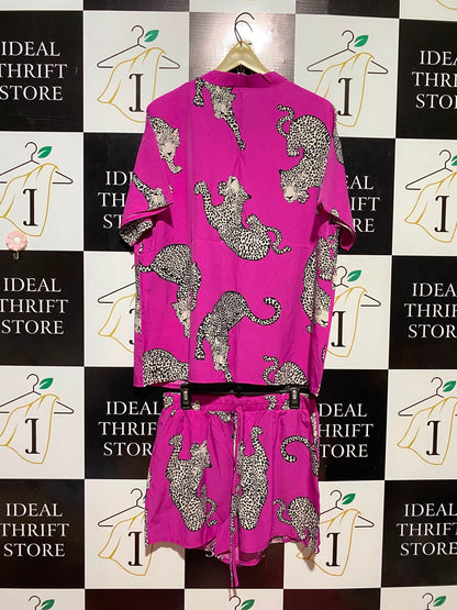 SHEIN CURVE |XL| B36| LADIES MAGENTA LEOPARD PRINT 2-PIECE CO-ORD SET (SHIRT & SHORTS)
