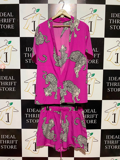 SHEIN CURVE |XL| B36| LADIES MAGENTA LEOPARD PRINT 2-PIECE CO-ORD SET (SHIRT & SHORTS)