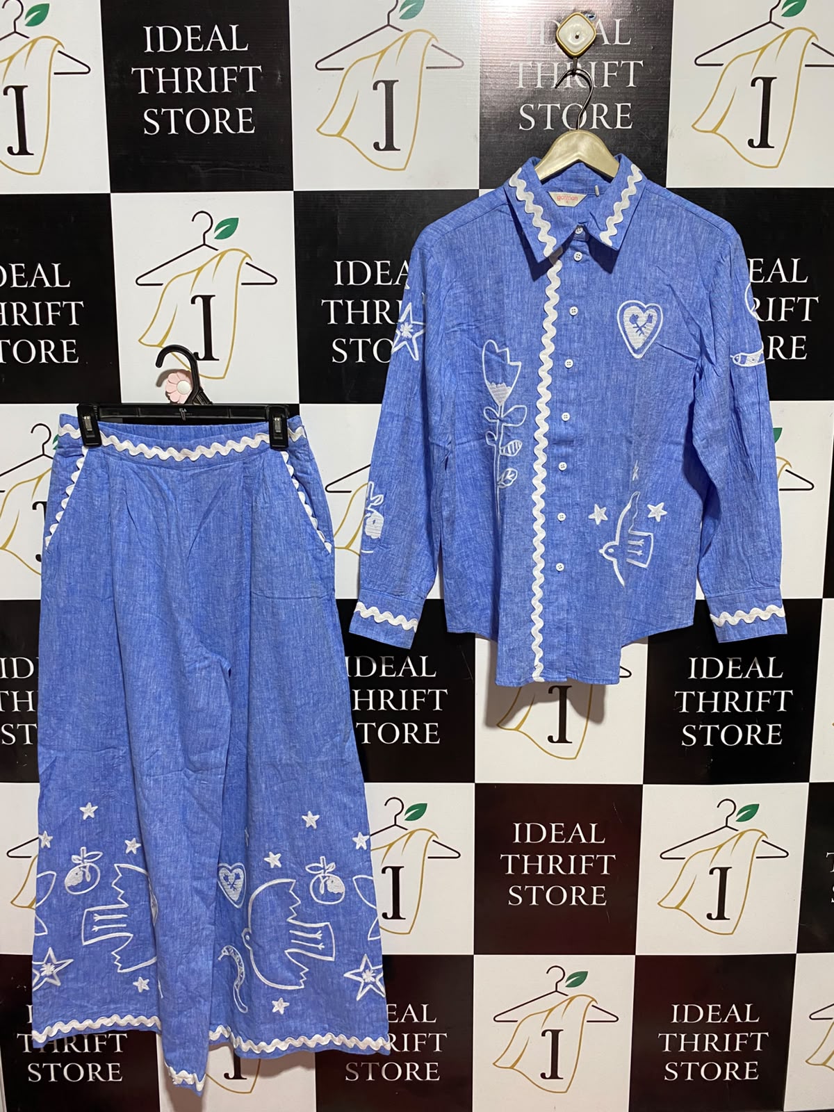 GORMAN |S| B36| LADIES BLUE EMBROIDERED 2-PIECE CO-ORD SET (BUTTON-DOWN SHIRT & WIDE-LEG PANTS)