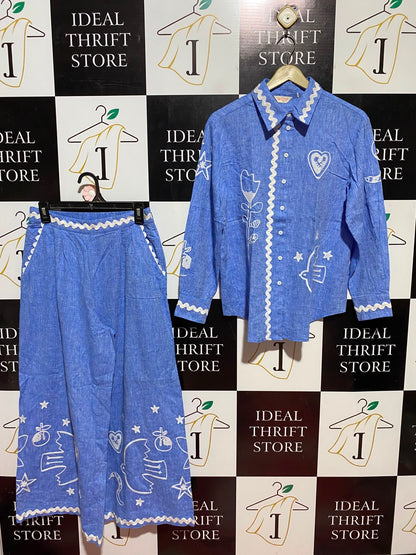 GORMAN |S| B36| LADIES BLUE EMBROIDERED 2-PIECE CO-ORD SET (BUTTON-DOWN SHIRT & WIDE-LEG PANTS)