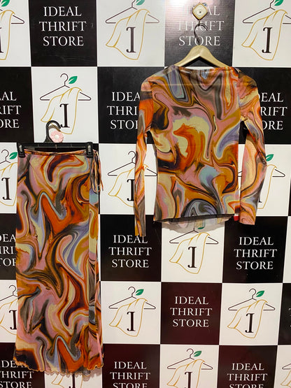ZARA |M| B36| LADIES ABSTRACT MARBLE PRINT 2-PIECE MESH CO-ORD SET (LONG-SLEEVE TOP & MAXI SKIRT)
