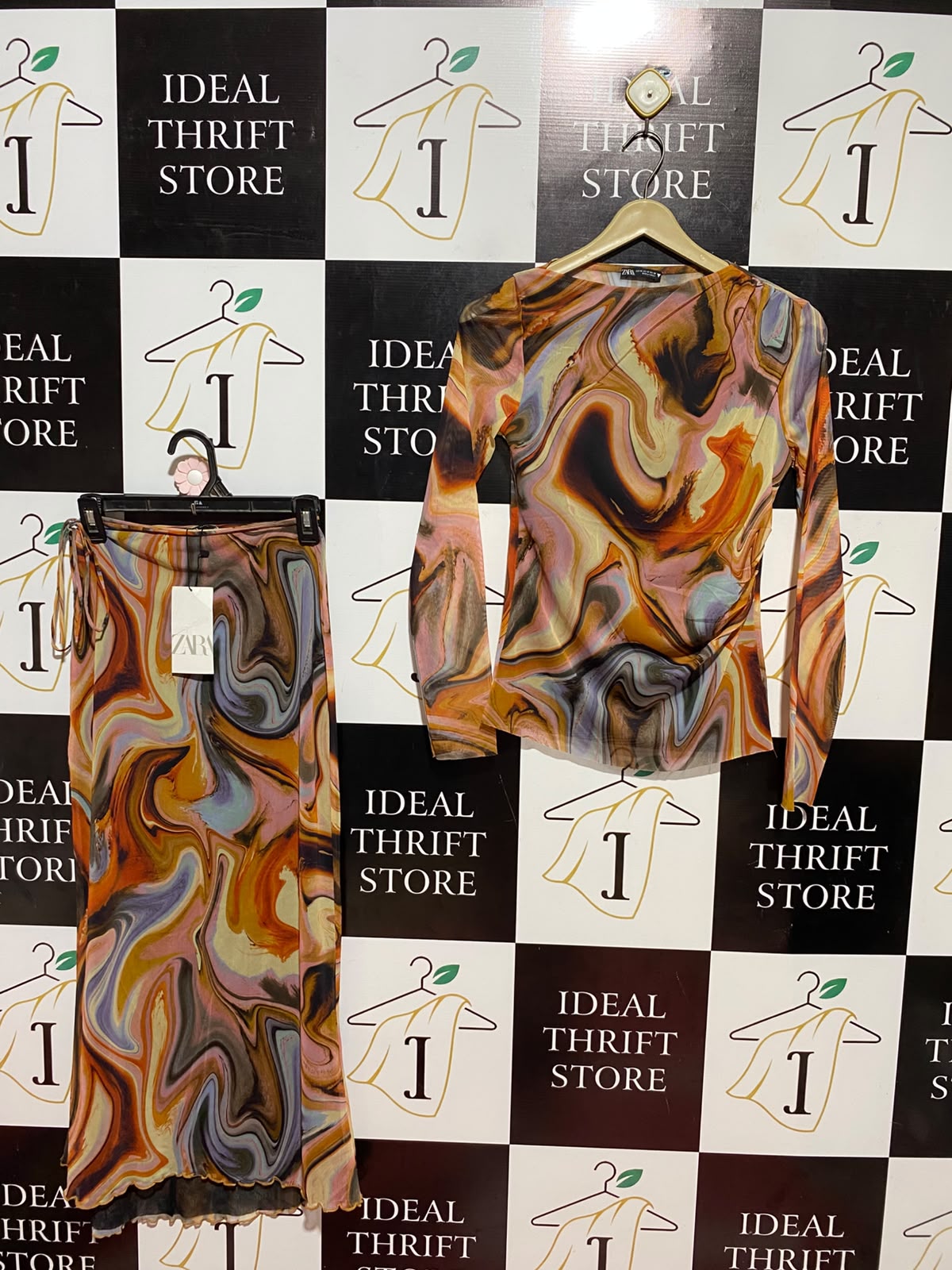 ZARA |M| B36| LADIES ABSTRACT MARBLE PRINT 2-PIECE MESH CO-ORD SET (LONG-SLEEVE TOP & MAXI SKIRT)