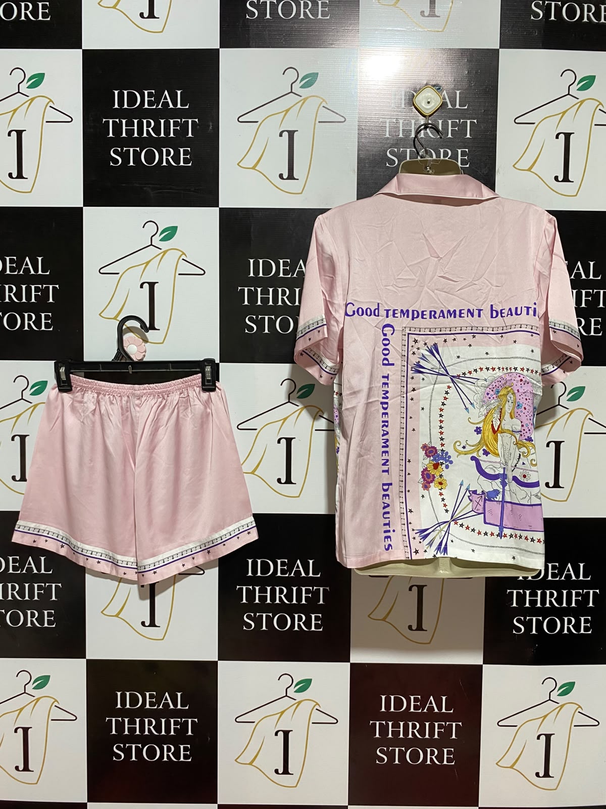 PHUONG THAO |M| B36| LADIES PINK SATIN NIGHTWEAR 2-PIECE PJS SET (SHORT-SLEEVE SHIRT & SHORTS)